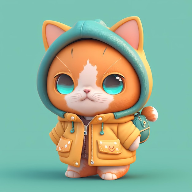 愛らしい 3D の猫のキャラクターは、キュートで面白い、カラフルな服を着ています。