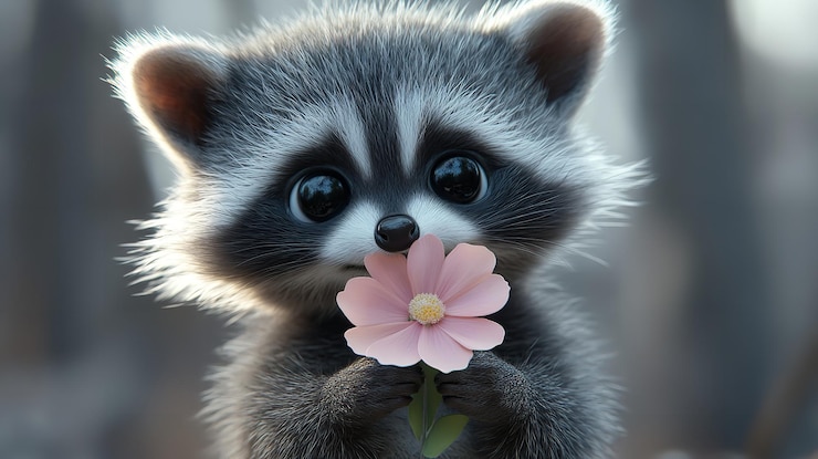 Photo パステルピンクの花を握っている可愛い3d可愛いベビーラッコン