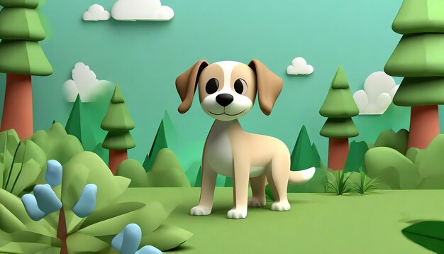 3D レンダリングの犬が森の動物の絵を描く