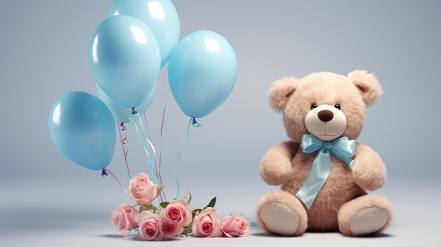 An adorable 3D teddy bear with a balloon bouquet tied to its paw