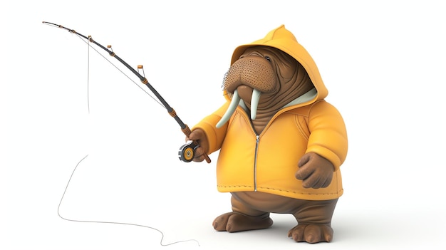 Photo adorable 3d walrus fisherman braves the elements in a bright yellow raincoat clutching a fishing rod with determination perfect for adding whimsy to your projects