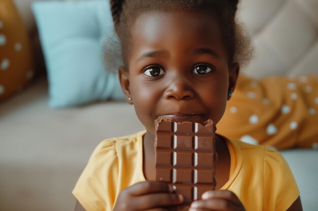 Adorable African American kid munches on chocolate bar