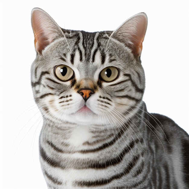 Adorable american shorthair cat portrait looking at camera on white isolated background as concept of domestic pet in ravishing hyper realistic detail by Generative AI