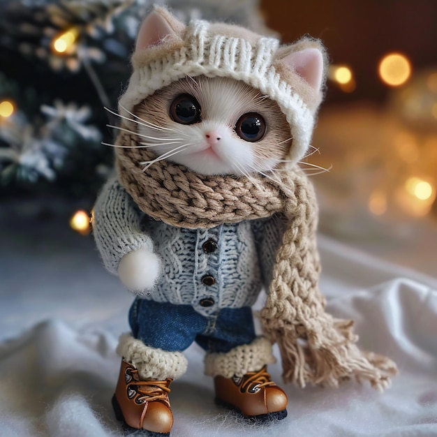 Adorable Amigurumi Cat in Winter Attire Handmade Crochet Toy for Seasonal Decor