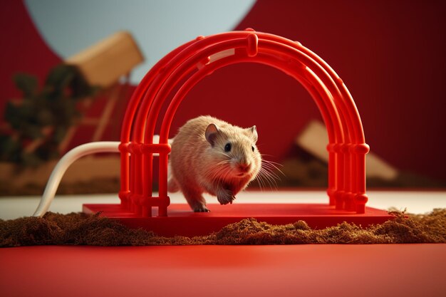 Adorable animal rodent navigates through an obstacle course with excitement jumping over hurdles