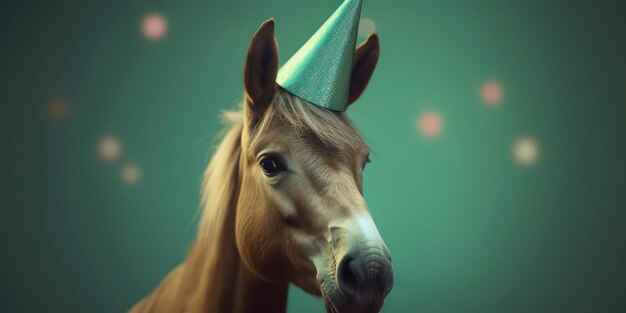 Photo adorable animal wearing birthday hat at party on flat background ai generated