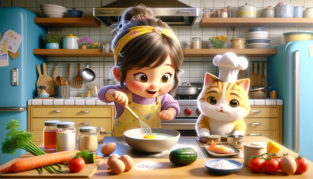 An adorable animated girl and her cheerful cat companion engage in a fun cooking activity