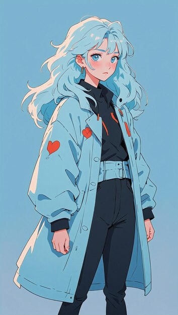 사랑스러운 애니메이션 소녀 터 일러스트레이션 로피 미래주의 스타일 귀여운 의상 사이버크 분위기 일본
