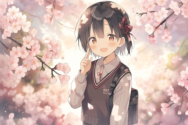 꽃이 피는 체리 사쿠라 아래의 사랑스러운 애니메이션 학교 소녀