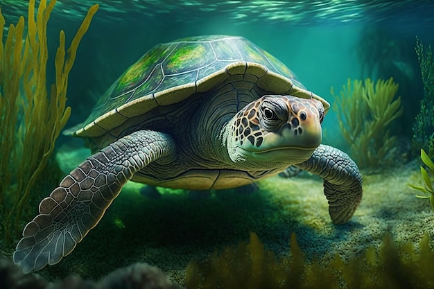 An adorable armored turtle swimming underwater ai generated