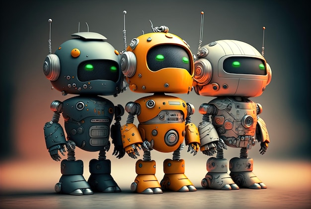 Adorable artificial intelligence robots or robot soldiers in the form of cartoon characters