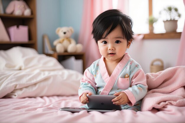 사랑스러운 아시아 장 알파 아기가 아침에 디지털 기기를 즐겁게 탐구합니다.