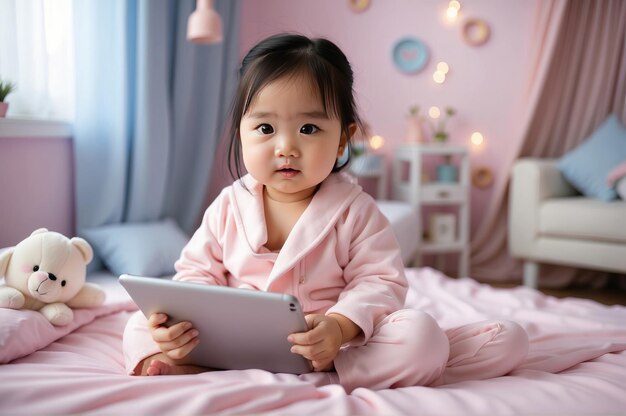 Photo an adorable asian gen alpha baby joyfully explores a digital device