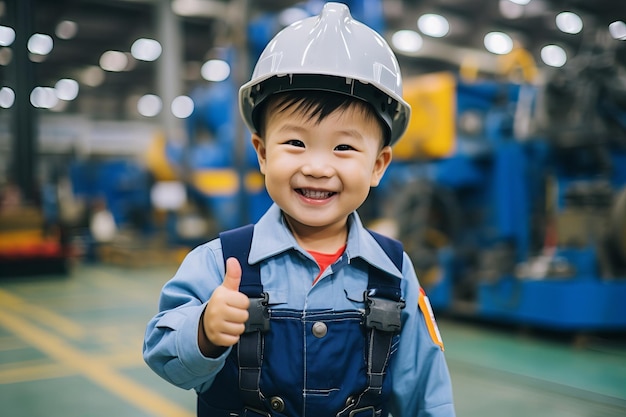 Adorable Asian Toddler Dressed as Factory Worker Giving an OK Sign