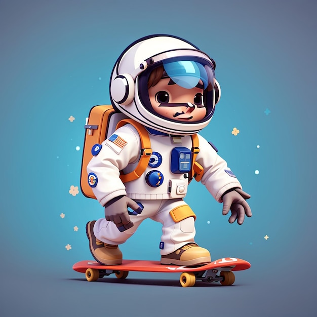 スケートボードを楽しむ可愛い宇宙飛行士 漫画イラスト
