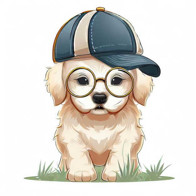 Adorable Attire Affection Hat and Glasses on Baby Golden Retriever Generative AI