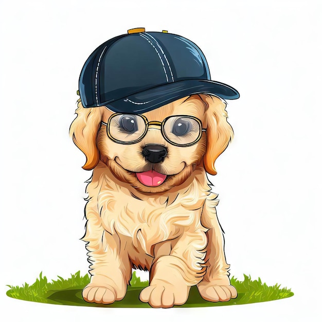 Adorable Attire Delight Baby Golden Retriever with Hat and Glasses Generative AI