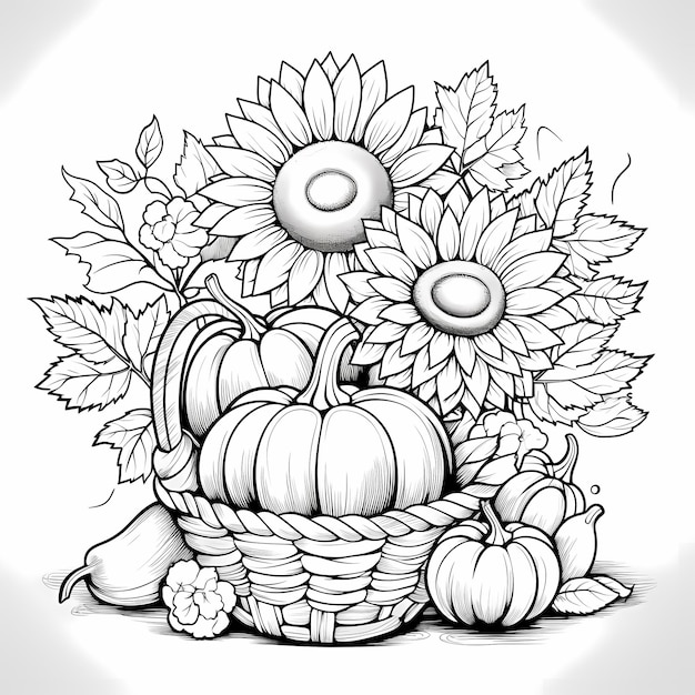 Adorable Autumn Basket Coloring Page with Cute Pumpkins and Big Sunflower Illustration