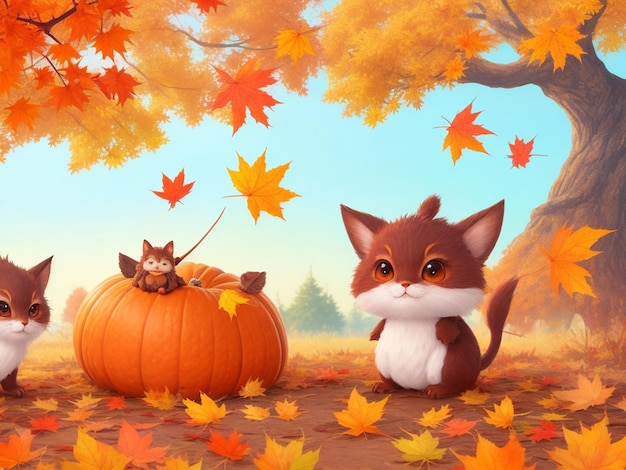 Adorable autumn fantasy critters for desktop backgrounds etc