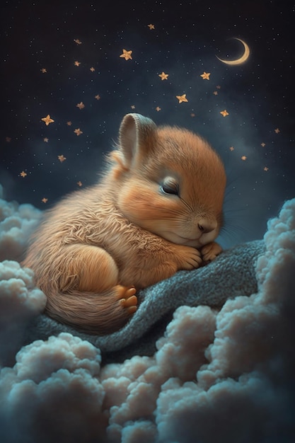 Adorable baby animal sleeping on the cloud