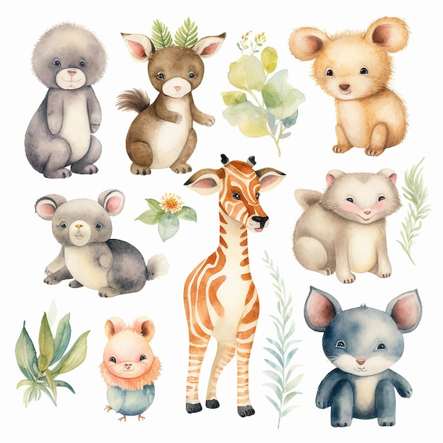 Photo adorable baby animals on watercolor illustration