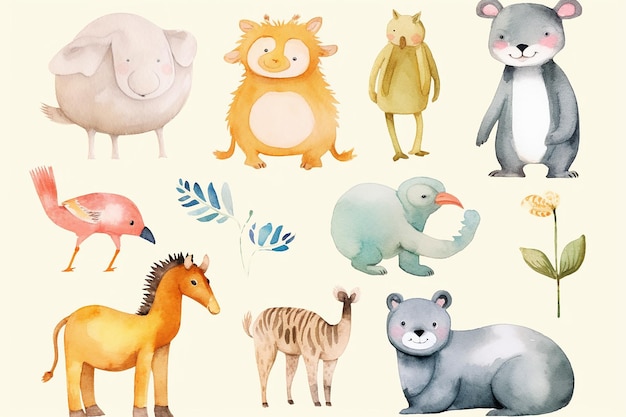 Photo adorable baby animals on watercolor illustration