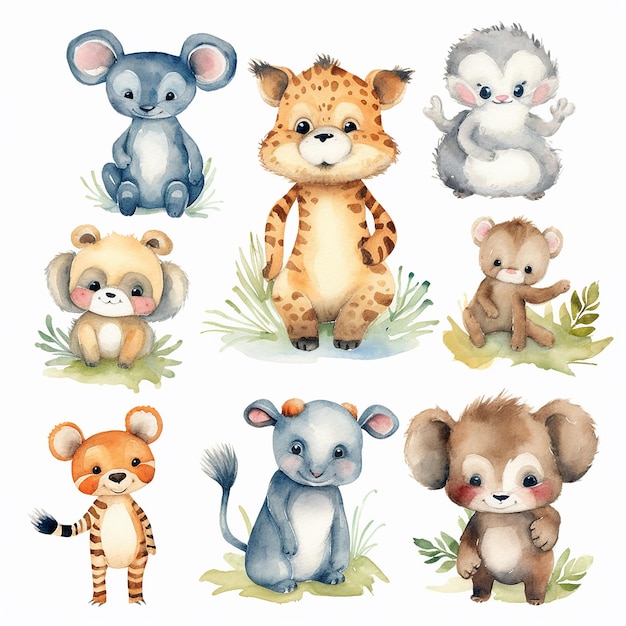 Photo adorable baby animals on watercolor illustration