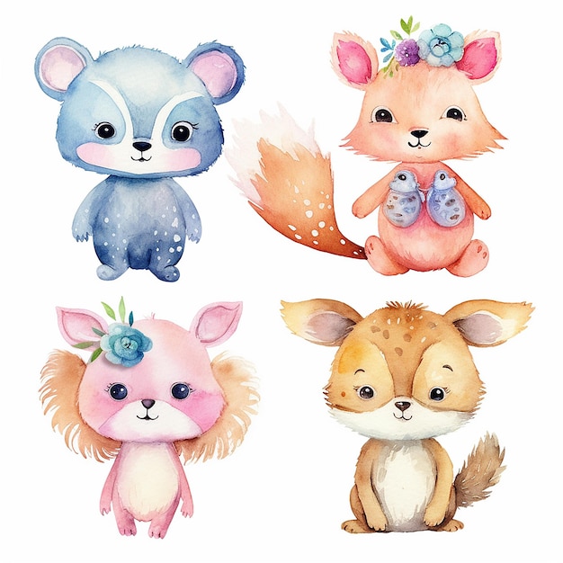 Photo adorable baby animals on watercolor illustration