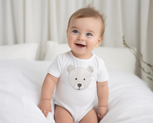 Photo adorable baby on bed smiling child at home childrens day