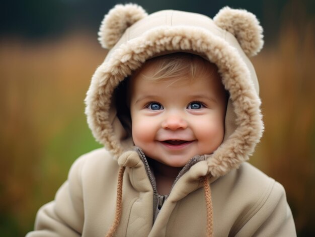 Adorable Baby Boy in Furry Jacket with Bear Ears Outdoor Portrait with Natural Expression