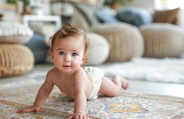 Adorable Baby Crawling on a Soft White Rug in a Cozy Living Room Setting