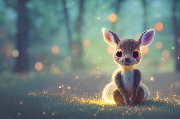 Adorable baby deer with a bright glow against light bokeh background Christmas background concept