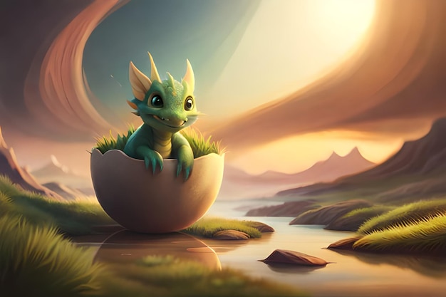 adorable baby dragon coming out of egg