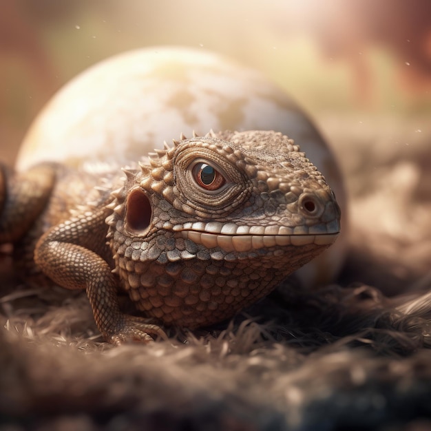 Photo adorable baby dragon hatching from egg 3d rendered lizard animal