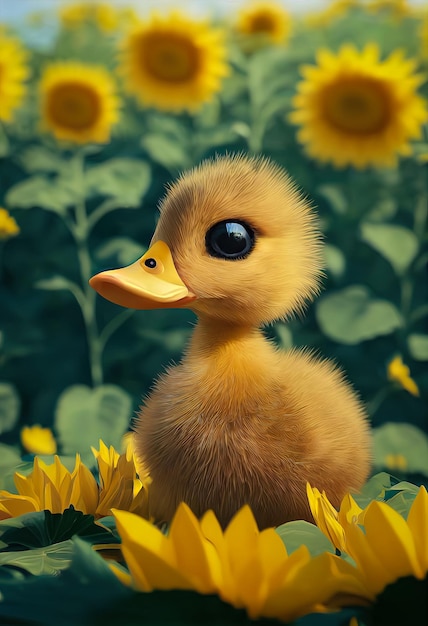 Adorable baby duck character design on sunflower field cute duck cartoon animation