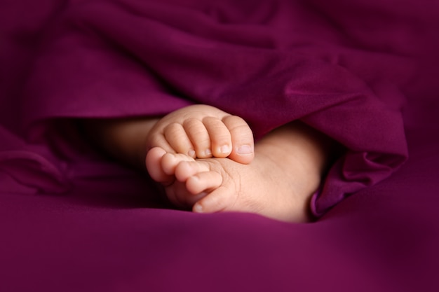 Adorable baby feet on a raspberry, maternity and babyhood