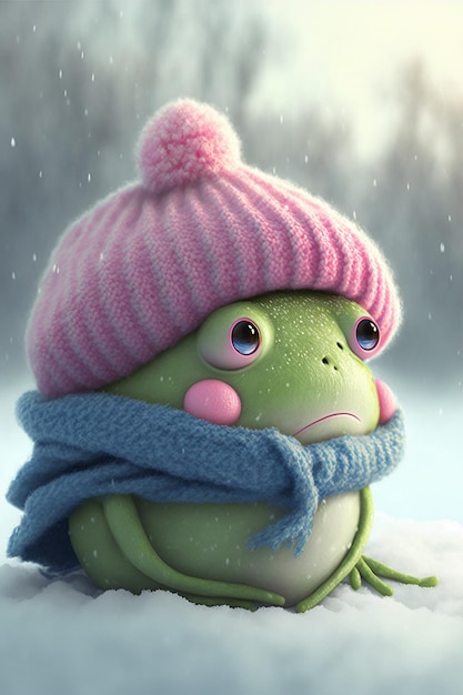 Adorable baby frog in winter