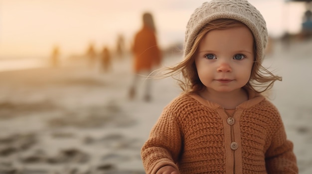 adorable baby girl on the beach generative AI