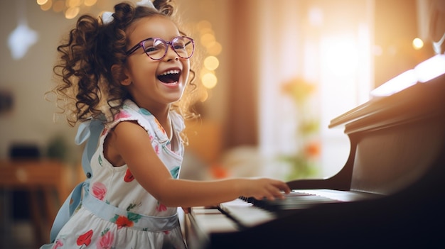Фото Очаровательная девочка играет на музыкальном фортепиано