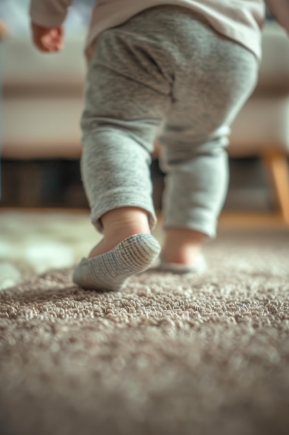 an adorable baby girl takes her first steps on the soft carpet of her parents living room