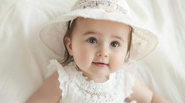 Photo an adorable baby girl wearing a white hat and dress is sitting on a white blanket she has big brown eyes and a cute smile