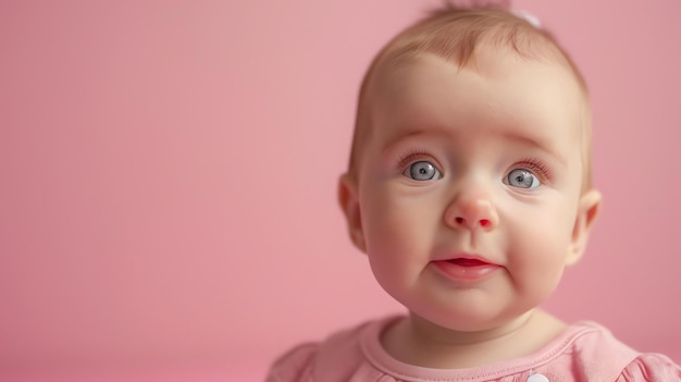 큰 파란 눈과 귀여운 미소를 가진 사랑스러운 아기 소녀가 분홍색 배경에 앉아 있습니다.