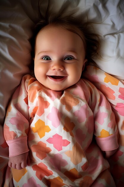 An adorable baby girl with big green eyes is lying on a white blanket and smiling at the camera