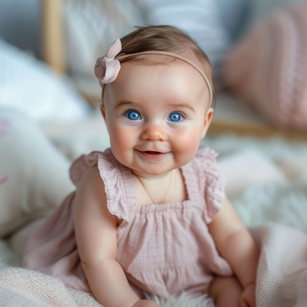 An adorable baby girl with blue eyes is sitting on a bed and smiling at the camera