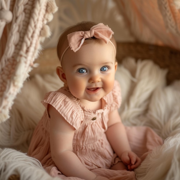 An adorable baby girl with blue eyes is sitting in a blanket teepee and wearing a cute pink bow