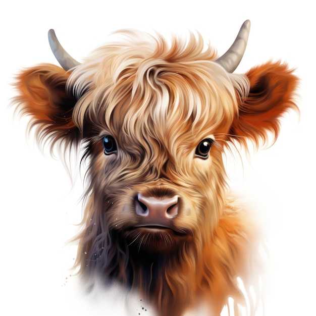 Adorable Baby Highland Cow Clipart on White Background AI Generated