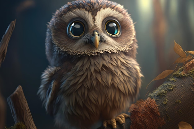 Adorable baby owl perched on a tree branch with big round eyes staring straight at the camera
