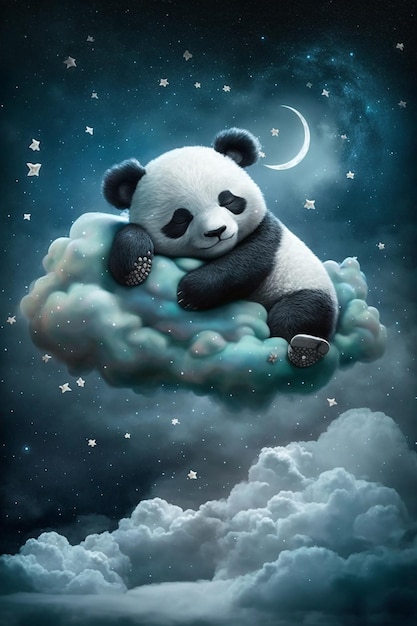 Adorable baby panda animal sleeping on the cloud