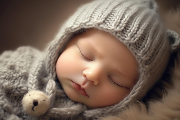 An adorable baby peacefully sleeps while wearing a cozy knitted hat and cuddling a cute teddy bear sleeping newborn baby AI Generated