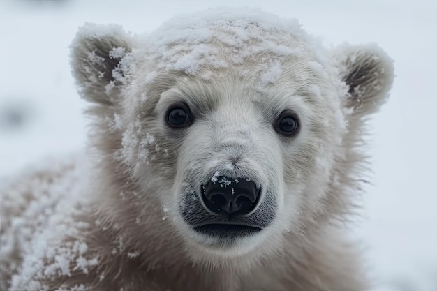 Очаровательный медвежонок белого медведя играет в снежной зимней стране чудес